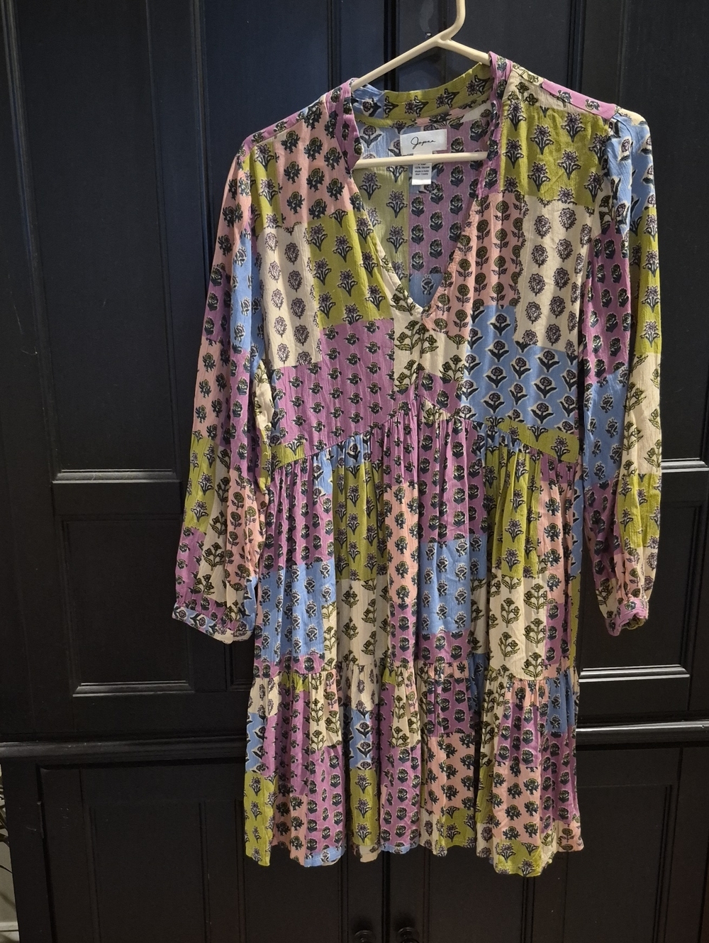 Japna Patchwork Floral Tiered Dress in Pink, Blue, Olive and Cream
